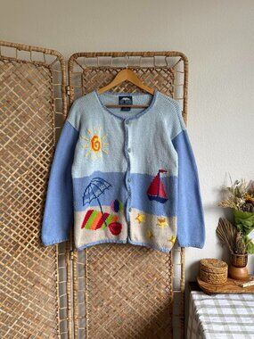 Vintage Hand Knit Beach Scene Cardigan Sweater